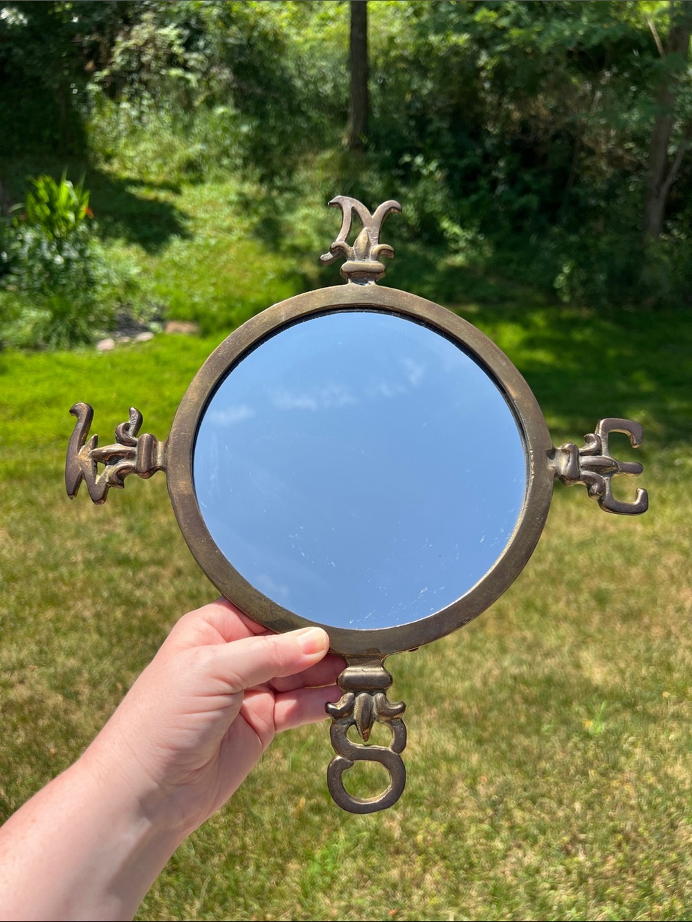 Vintage Antique Nautical Compass Directions Gold Brass Round Wall Mirror